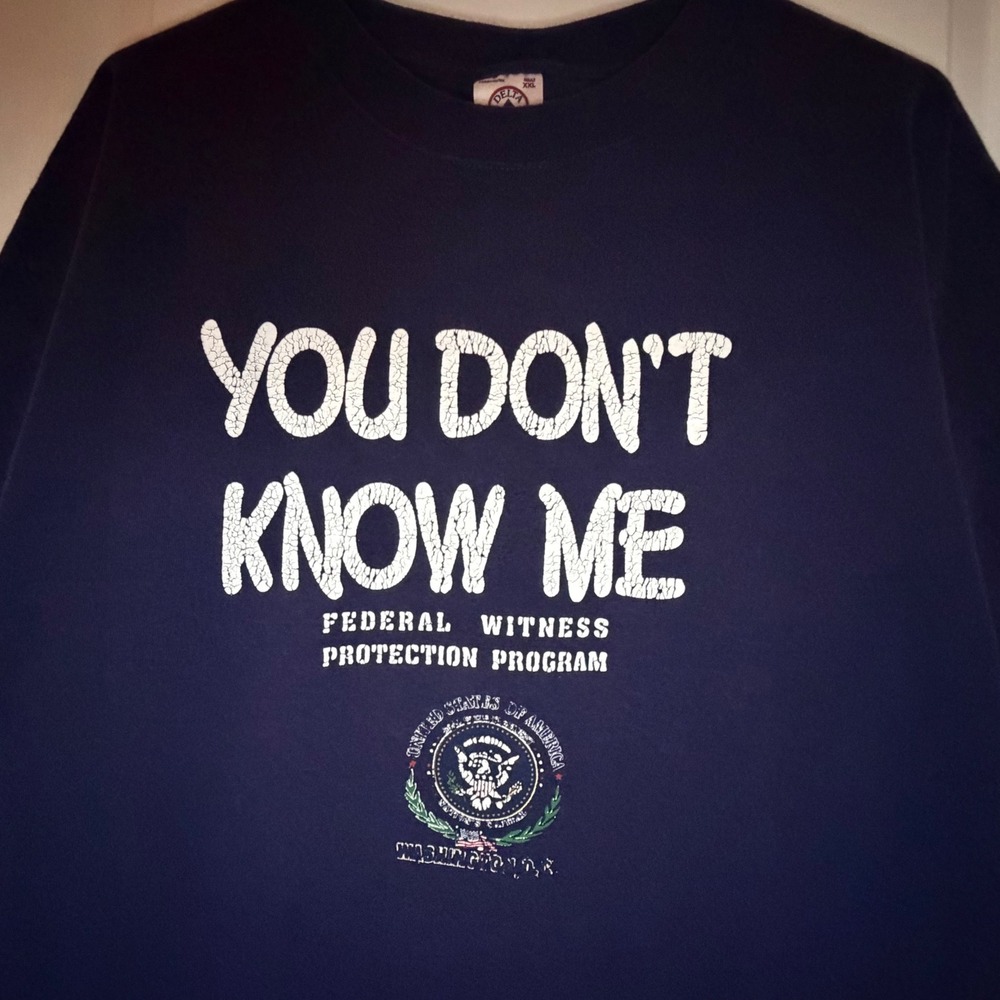 Vintage 90's Federal Witness Protection Program Navy Blue T-Shirt Sz Mens XXL